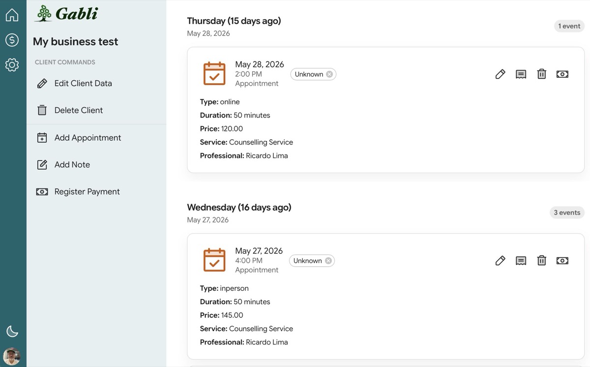 Gabli client detail page with appointment history