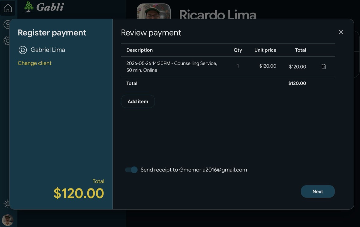 Gabli payment registration modal with line items and total