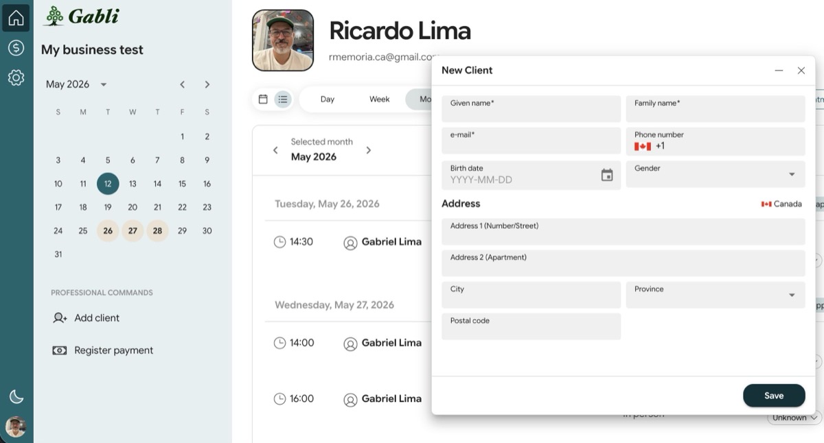 Gabli professional dashboard showing a calendar and upcoming appointments